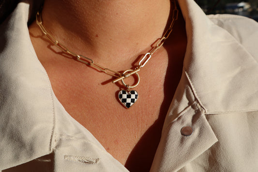 Kasey’s Checkered Heart Necklace - B&W